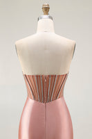 Load image into Gallery viewer, Sparkly Blush Strapless Ruched Mermaid Satin Long Prom Dress with Slit