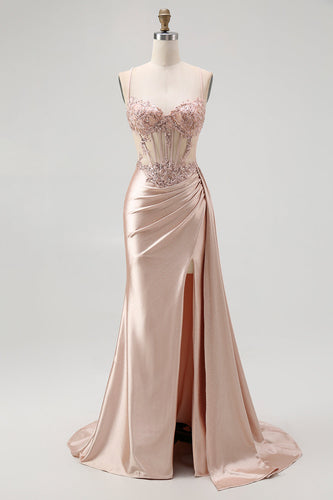 Sparkly Champagne Mermaid Spaghetti Straps Ruched Long Prom Dress with Beading