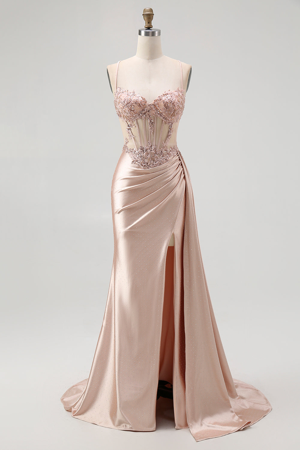 Sparkly Champagne Mermaid Spaghetti Straps Ruched Long Prom Dress with Beading