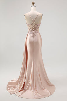 Sparkly Champagne Mermaid Spaghetti Straps Ruched Long Prom Dress with Beading