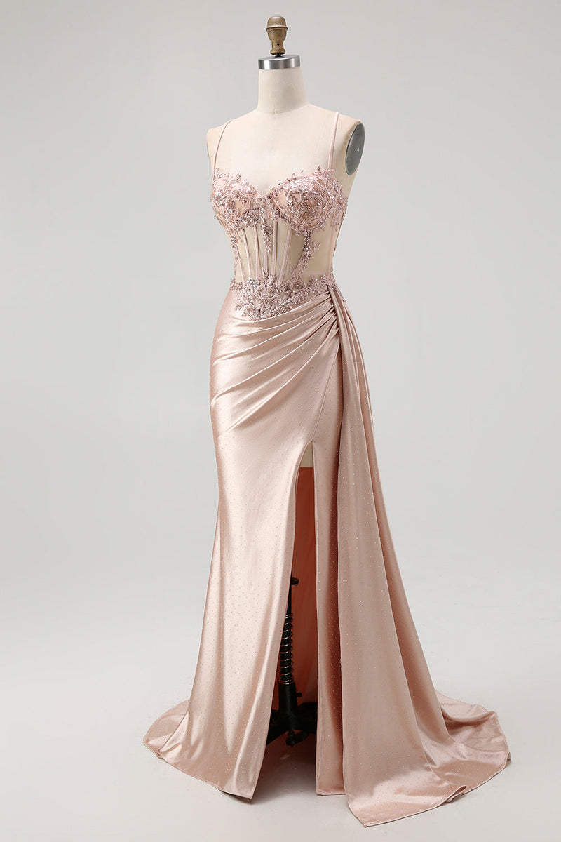 Load image into Gallery viewer, Sparkly Champagne Mermaid Spaghetti Straps Ruched Long Prom Dress with Beading