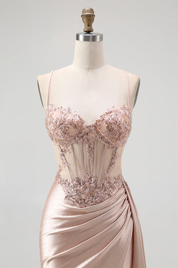 Sparkly Champagne Mermaid Spaghetti Straps Ruched Long Prom Dress with Beading
