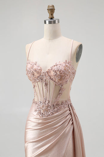 Sparkly Champagne Mermaid Spaghetti Straps Ruched Long Prom Dress with Beading