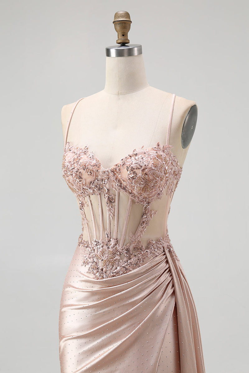 Load image into Gallery viewer, Sparkly Champagne Mermaid Spaghetti Straps Ruched Long Prom Dress with Beading