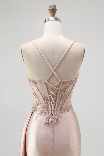 Sparkly Champagne Mermaid Spaghetti Straps Ruched Long Prom Dress with Beading