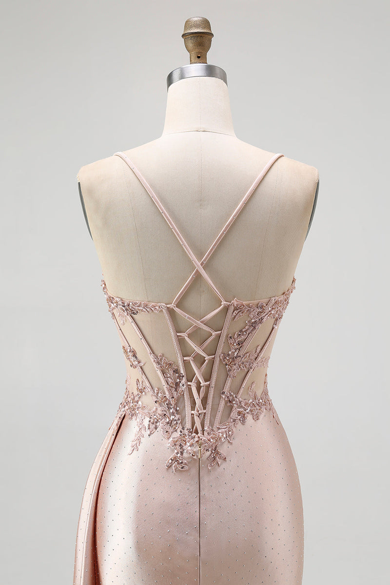 Load image into Gallery viewer, Sparkly Champagne Mermaid Spaghetti Straps Ruched Long Prom Dress with Beading