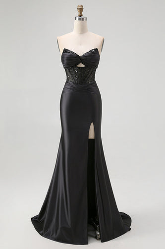 Sparkly Black Mermaid Satin Sweetheart Long Corset Prom Dress with Slit