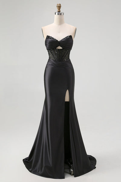 Sparkly Black Mermaid Satin Sweetheart Long Corset Prom Dress with Slit
