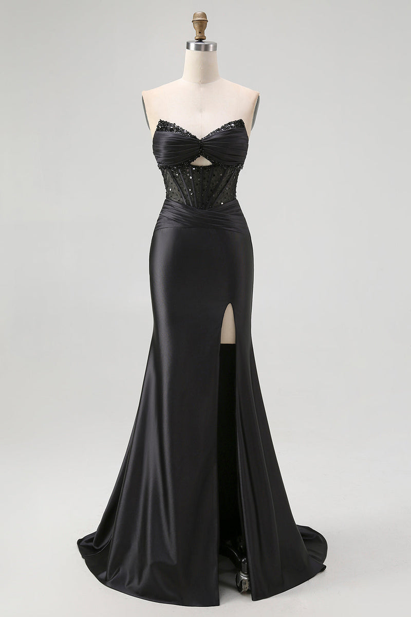 Load image into Gallery viewer, Sparkly Black Mermaid Satin Sweetheart Long Corset Prom Dress with Slit