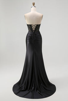 Sparkly Black Mermaid Satin Sweetheart Long Corset Prom Dress with Slit