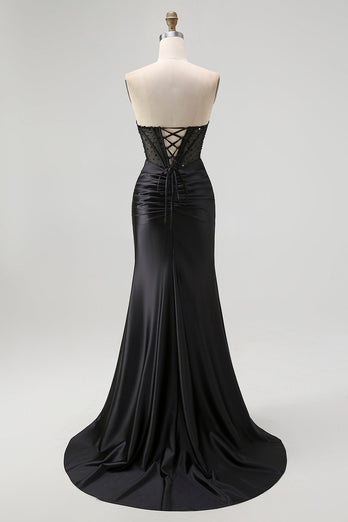Sparkly Black Mermaid Satin Sweetheart Long Corset Prom Dress with Slit