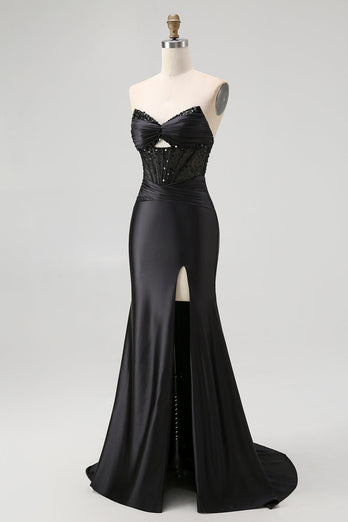 Sparkly Black Mermaid Satin Sweetheart Long Corset Prom Dress with Slit