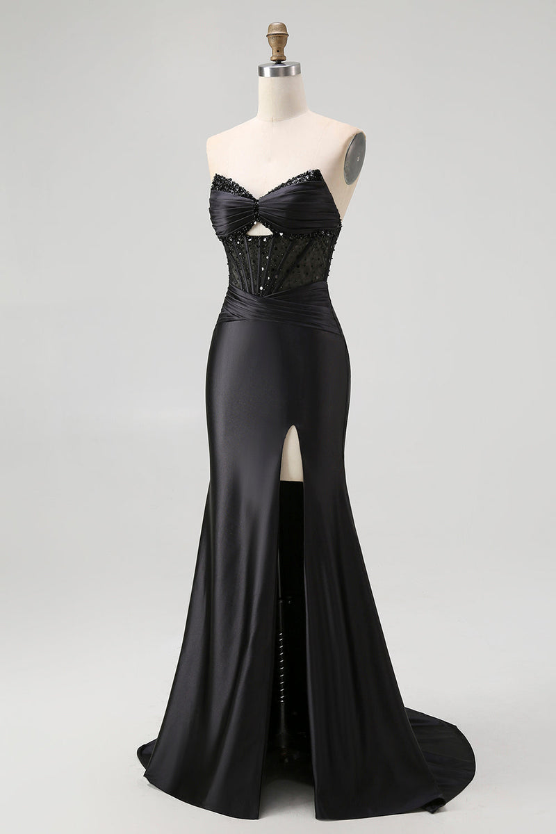 Load image into Gallery viewer, Sparkly Black Mermaid Satin Sweetheart Long Corset Prom Dress with Slit