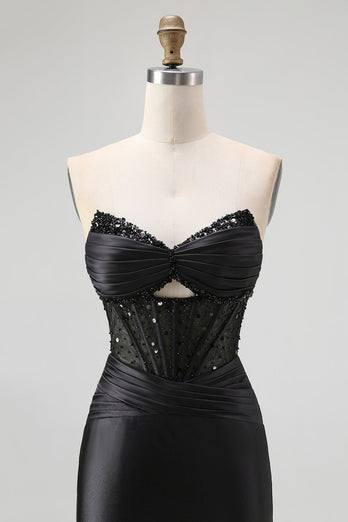 Sparkly Black Mermaid Satin Sweetheart Long Corset Prom Dress with Slit