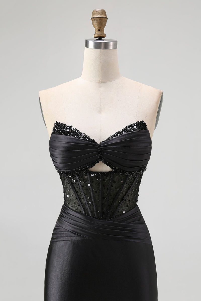 Load image into Gallery viewer, Sparkly Black Mermaid Satin Sweetheart Long Corset Prom Dress with Slit