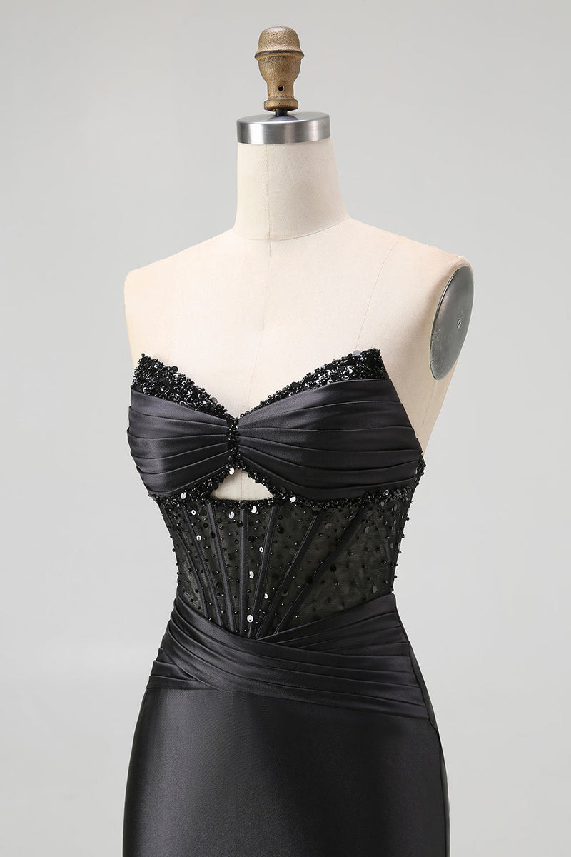 Load image into Gallery viewer, Sparkly Black Mermaid Satin Sweetheart Long Corset Prom Dress with Slit