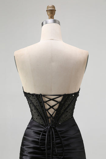 Sparkly Black Mermaid Satin Sweetheart Long Corset Prom Dress with Slit