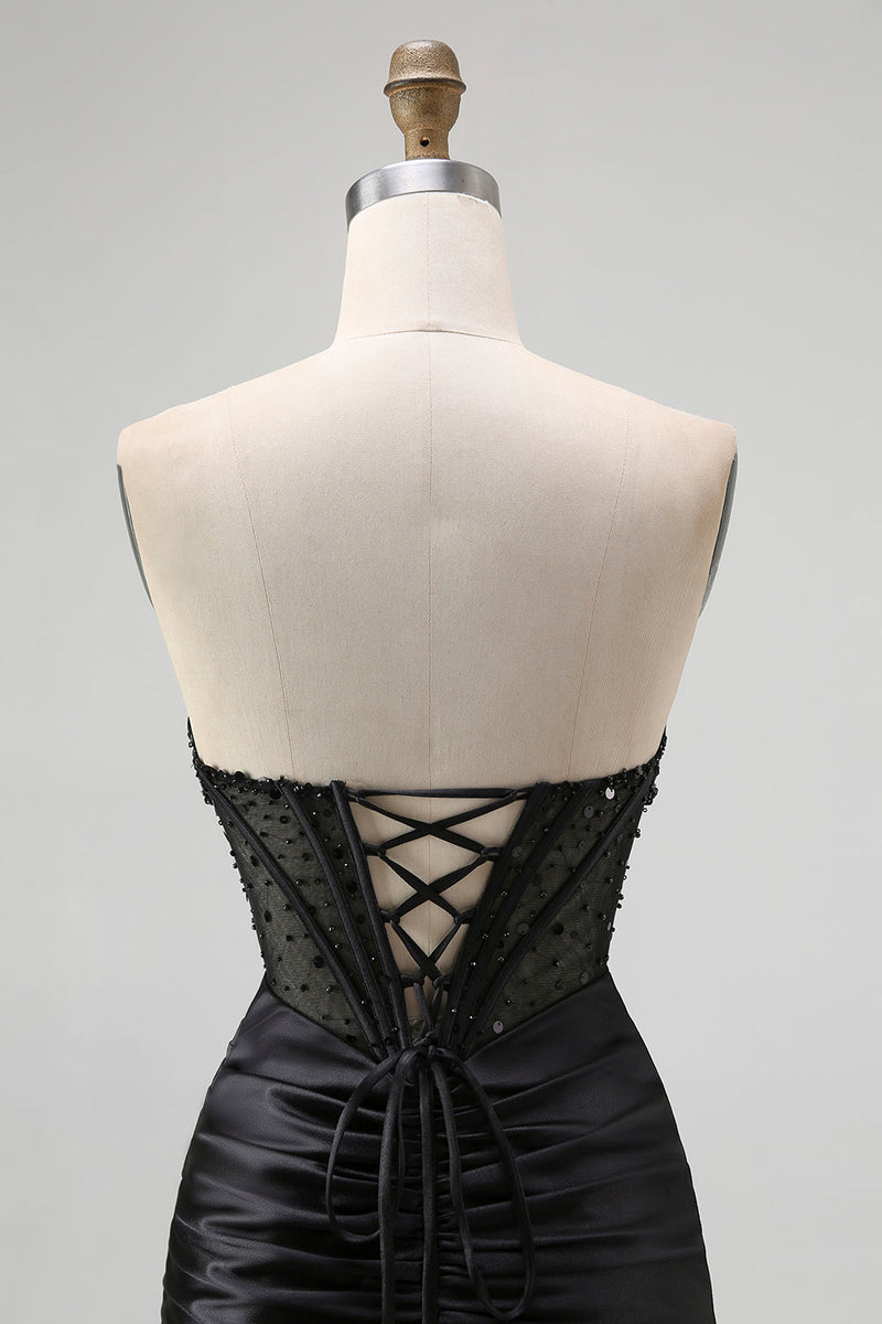 Load image into Gallery viewer, Sparkly Black Mermaid Satin Sweetheart Long Corset Prom Dress with Slit