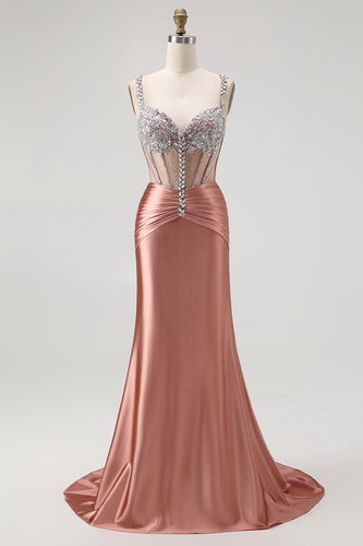 Sparkly Blush Spaghetti Straps Satin Mermaid Beaded Long Corset Prom Dress