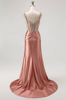 Load image into Gallery viewer, Sparkly Blush Spaghetti Straps Satin Mermaid Beaded Long Corset Prom Dress