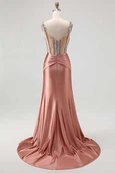 Sparkly Blush Spaghetti Straps Satin Mermaid Beaded Long Corset Prom Dress