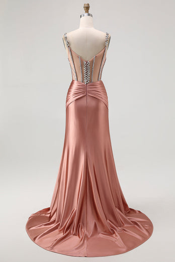 Sparkly Blush Spaghetti Straps Satin Mermaid Beaded Long Corset Prom Dress