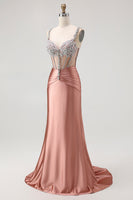 Load image into Gallery viewer, Sparkly Blush Spaghetti Straps Satin Mermaid Beaded Long Corset Prom Dress
