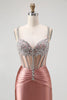 Load image into Gallery viewer, Sparkly Blush Spaghetti Straps Satin Mermaid Beaded Long Corset Prom Dress