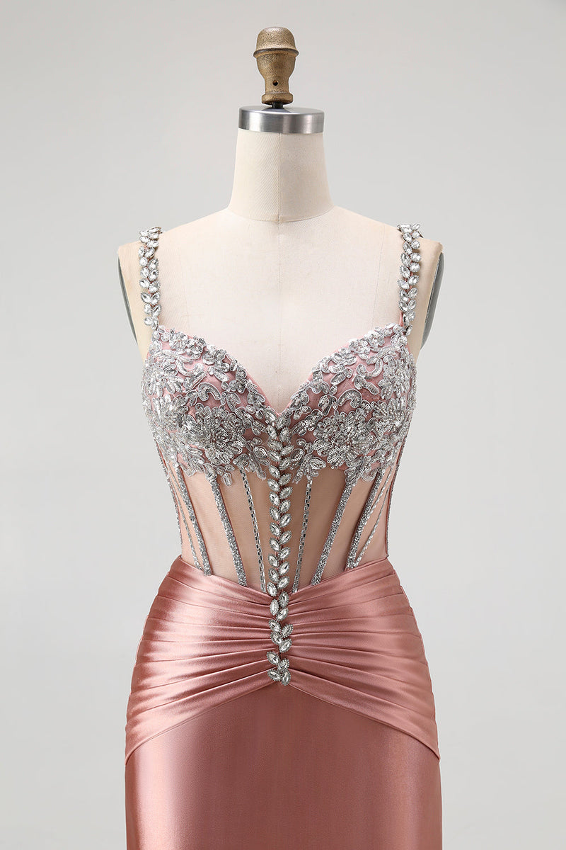 Load image into Gallery viewer, Sparkly Blush Spaghetti Straps Satin Mermaid Beaded Long Corset Prom Dress