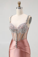 Load image into Gallery viewer, Sparkly Blush Spaghetti Straps Satin Mermaid Beaded Long Corset Prom Dress