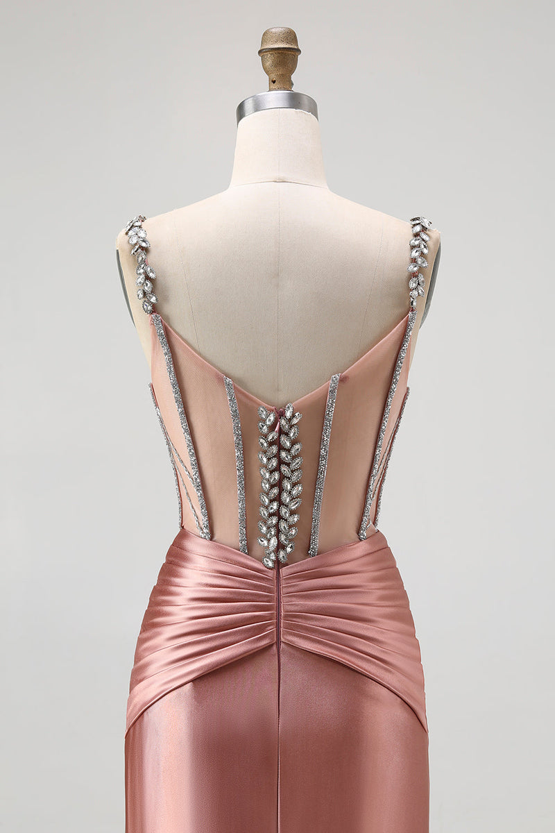 Load image into Gallery viewer, Sparkly Blush Spaghetti Straps Satin Mermaid Beaded Long Corset Prom Dress