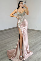 Load image into Gallery viewer, Sparkly Grey Pink Satin Mermaid Ruched Long Corset Prom Dress with Slit
