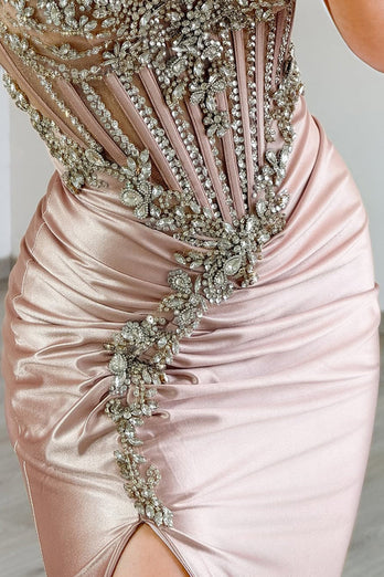Sparkly Grey Pink Satin Mermaid Ruched Long Corset Prom Dress with Slit