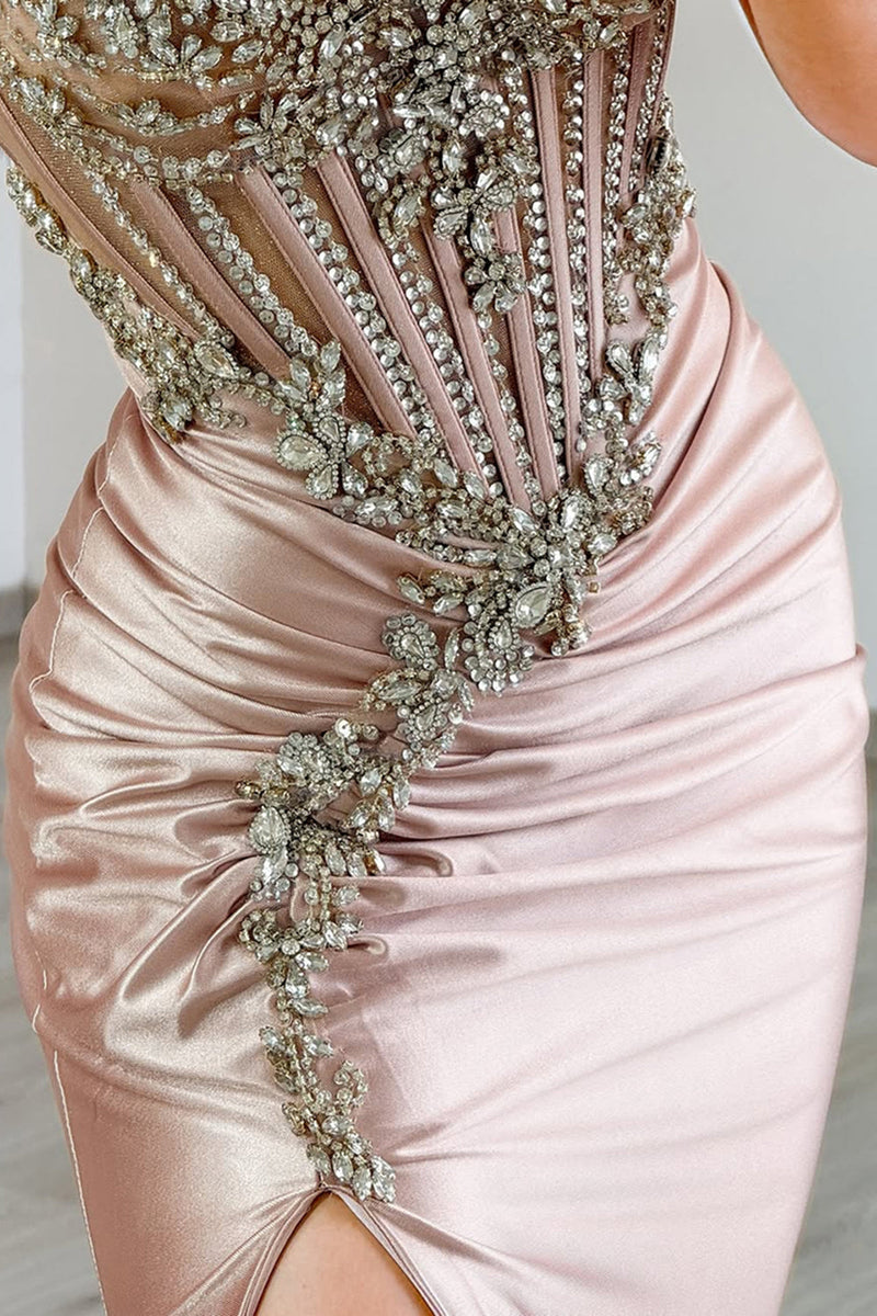 Load image into Gallery viewer, Sparkly Grey Pink Satin Mermaid Ruched Long Corset Prom Dress with Slit