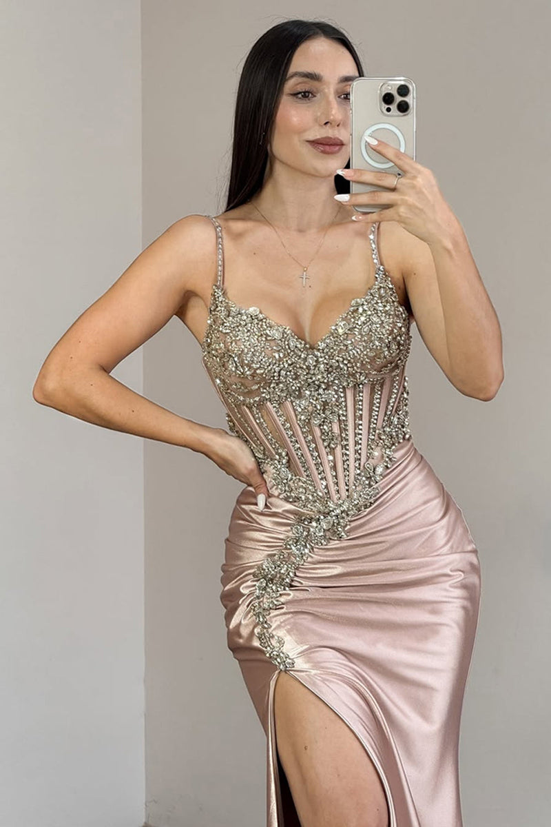 Load image into Gallery viewer, Sparkly Grey Pink Satin Mermaid Ruched Long Corset Prom Dress with Slit