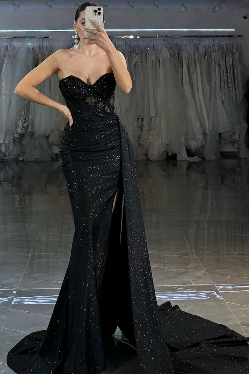 Load image into Gallery viewer, Sparkly Black Sweetheart Mermaid Long Corset Prom Dress with Beading