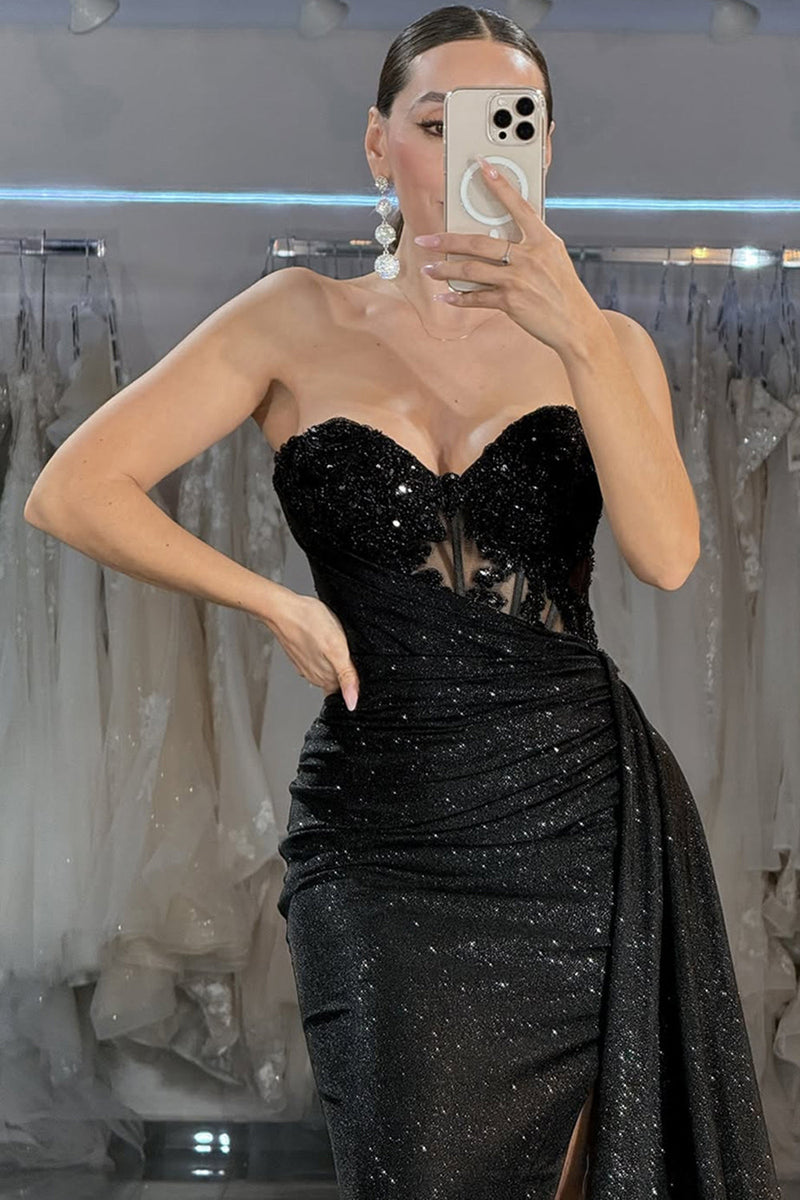 Load image into Gallery viewer, Sparkly Black Sweetheart Mermaid Long Corset Prom Dress with Beading