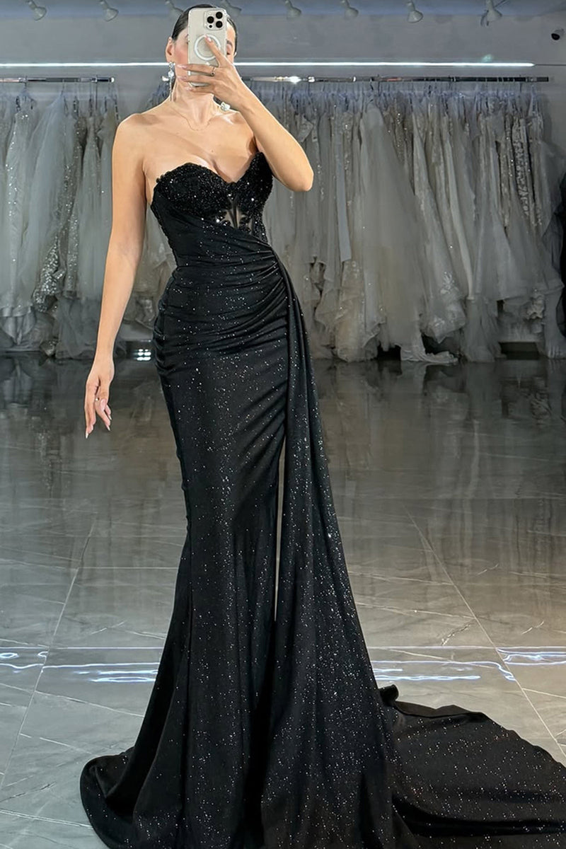 Load image into Gallery viewer, Sparkly Black Sweetheart Mermaid Long Corset Prom Dress with Beading