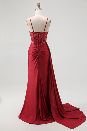 Sparkly Burgundy Mermaid Ruched Long Corset Prom Dress with Beading