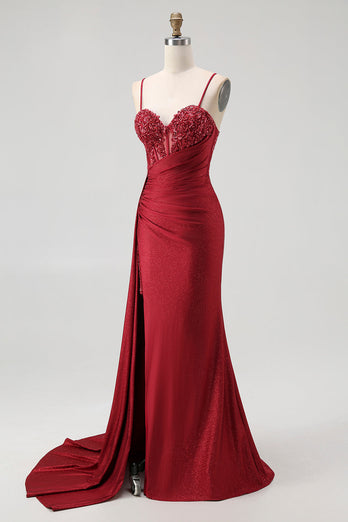Sparkly Burgundy Mermaid Ruched Long Corset Prom Dress with Beading