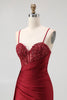 Load image into Gallery viewer, Sparkly Burgundy Mermaid Ruched Long Corset Prom Dress with Beading