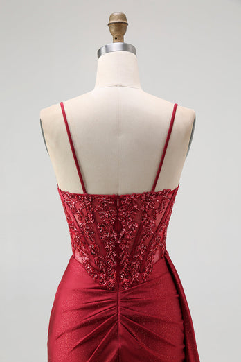 Sparkly Burgundy Mermaid Ruched Long Corset Prom Dress with Beading