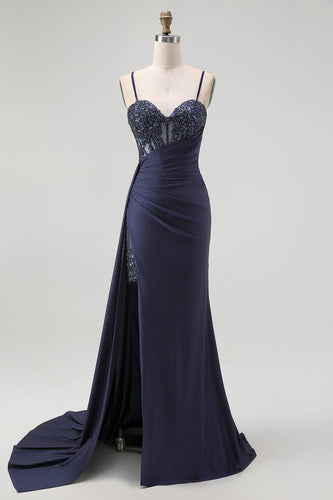 Sparkly Navy Mermaid Satin Spaghetti Straps Long Corset Prom Dress with Beading