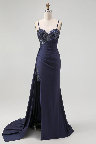 Sparkly Navy Mermaid Satin Spaghetti Straps Long Corset Prom Dress with Beading