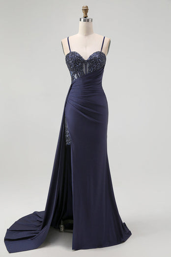 Sparkly Burgundy Mermaid Ruched Long Corset Prom Dress with Beading