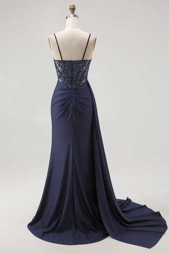 Sparkly Burgundy Mermaid Ruched Long Corset Prom Dress with Beading