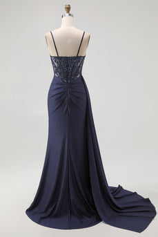 Sparkly Navy Mermaid Satin Spaghetti Straps Long Corset Prom Dress with Beading