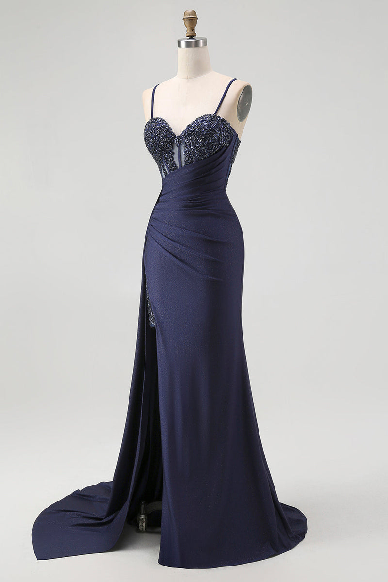 Load image into Gallery viewer, Sparkly Burgundy Mermaid Ruched Long Corset Prom Dress with Beading