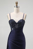 Load image into Gallery viewer, Sparkly Burgundy Mermaid Ruched Long Corset Prom Dress with Beading