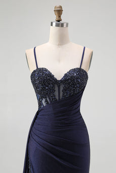 Sparkly Burgundy Mermaid Ruched Long Corset Prom Dress with Beading